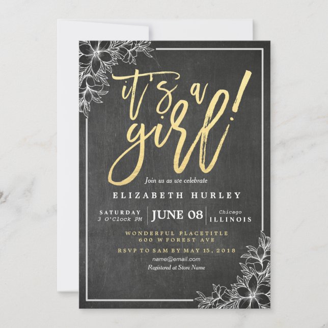 Invitación Guión dorado de floral blanca de Chalkboard Baby S (Anverso)