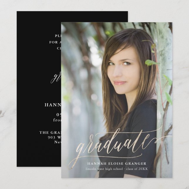 Invitación Guión dorado de grado dorado en la graduación de R (Anverso / Reverso)