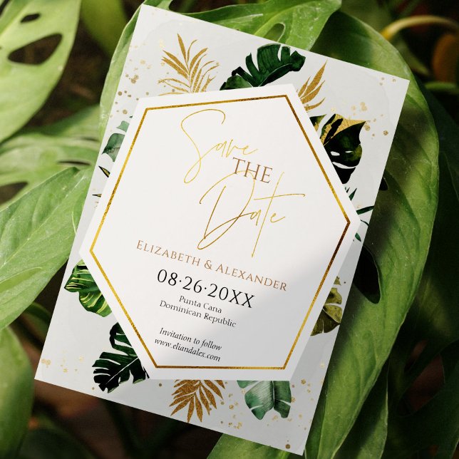 Invitación Guión dorado de palmeras tropicales salva la fecha (Subido por el creador)