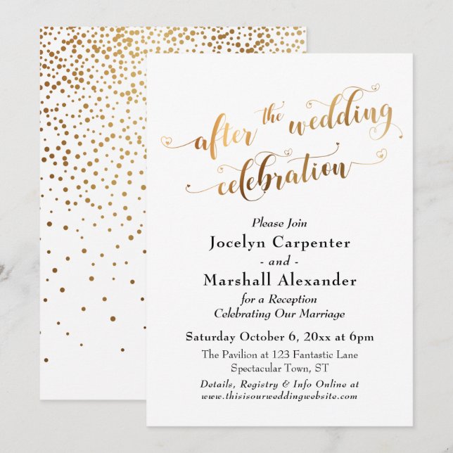 Invitación Guión dorado después de la celebración de la boda  (Anverso / Reverso)