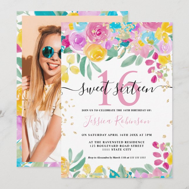 Invitación Guión dorado floral amarillo dorado Primavera Swee (Anverso / Reverso)