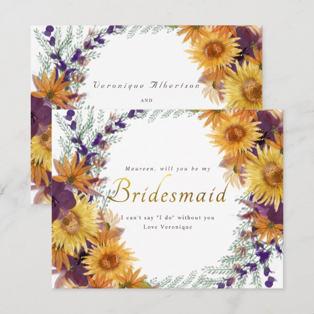 Invitación Guión dorado floral púrpura de girasol dama de hon (Anverso / Reverso)