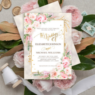 Invitación Guión dorado floral rosado Peony y marco