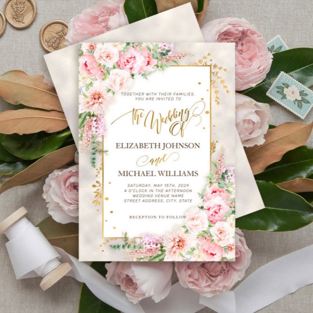 Invitación Guión dorado floral rosado Peony y marco (Subido por el creador)