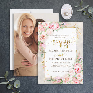 Invitación Guión dorado floral rosado Peony y marco