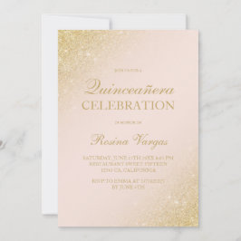 Invitación Guión dorado Glam purpurina rosado Quinceanera