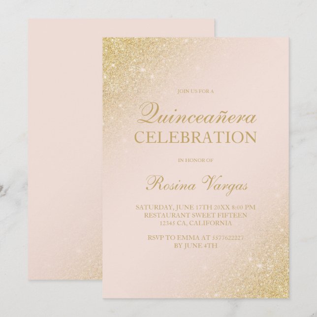Invitación Guión dorado Glam purpurina rosado Quinceanera (Anverso / Reverso)