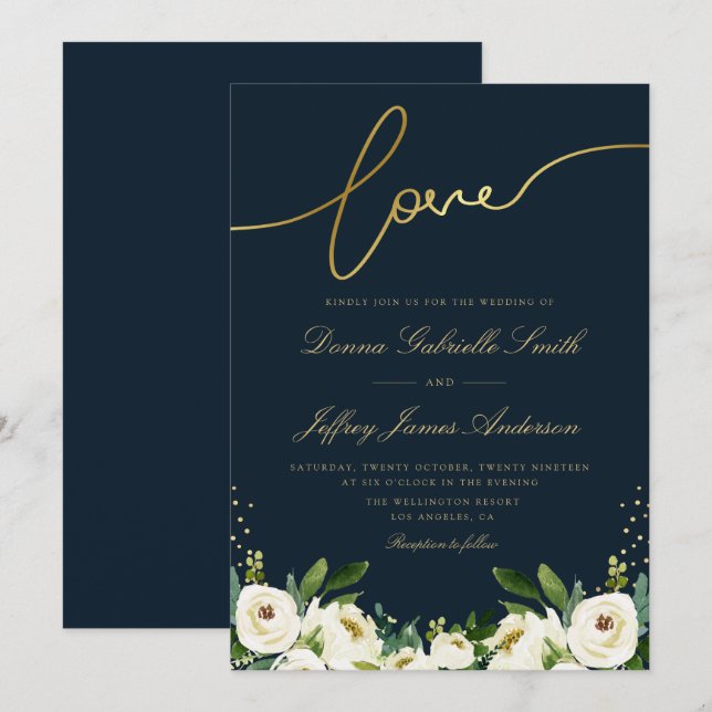 Invitación guión dorado marfil jardín blanco boda de marina f (Anverso / Reverso)