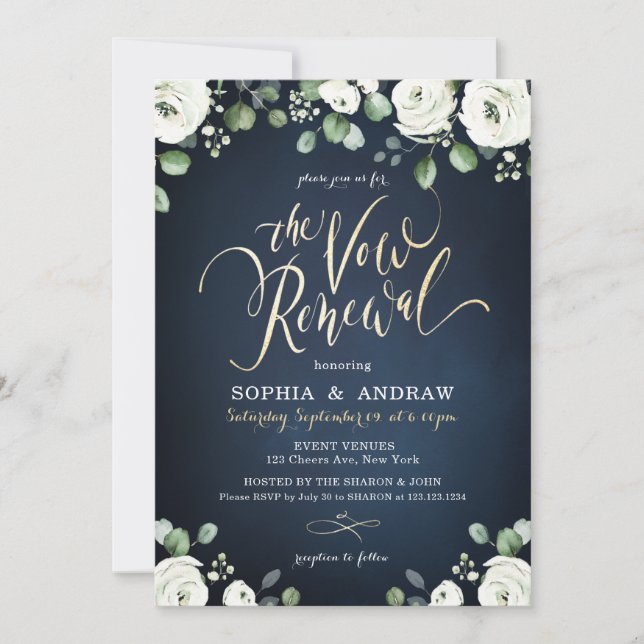 Invitación Guión dorado marina floral blanca la renovación de (Anverso)