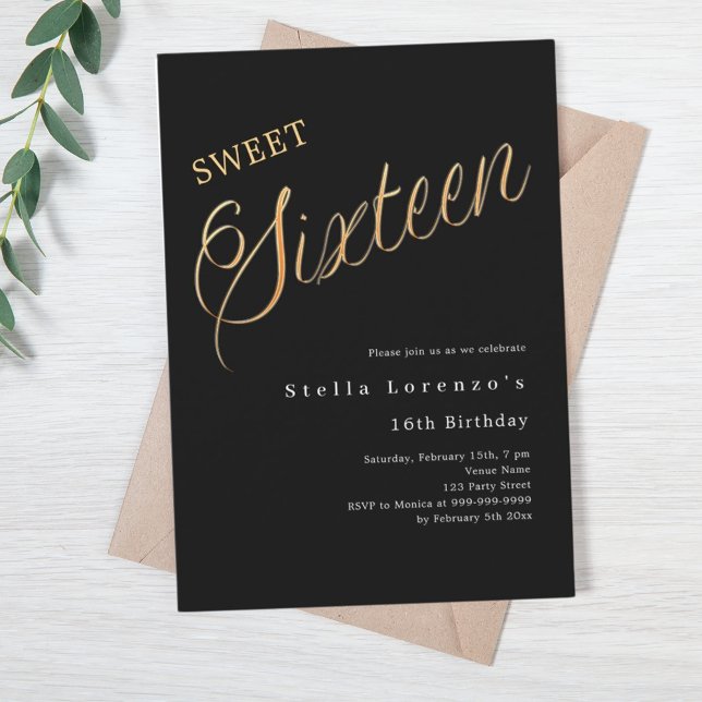 Invitación Guión dorado negro de lujo Sweet 16 (Subido por el creador)