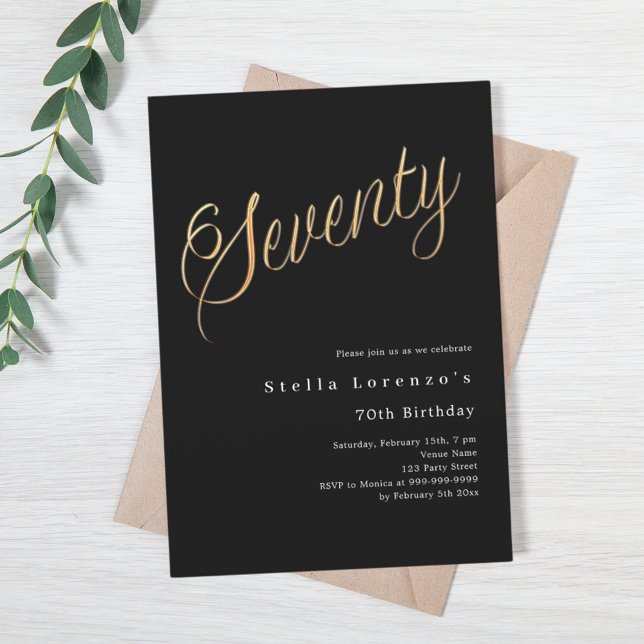 Invitación Guión dorado negro elegante cumpleaños 70 (Subido por el creador)