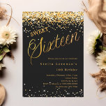 Invitación Guión dorado negro elegante Sweet 16<br><div class="desc">Una invitación moderna de Sweet 16. Un fondo negro y la palabra Dieciséis escritos con letras grandes. Decorada con confeti dorado. Personalice y agregue un nombre y detalles del fiesta.</div>