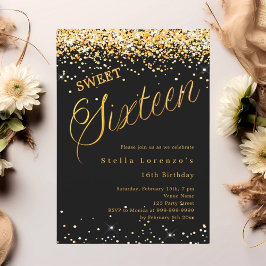 Invitación Guión dorado negro elegante Sweet 16