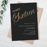 Invitación Guión dorado negro elegante Sweet 16<br><div class="desc">Una invitación moderna de Sweet 16. El clásico fondo negro y la palabra Dieciséis escritos con letras grandes en falso oro. Personalice y agregue un nombre y detalles del fiesta. Texto blanco.</div>