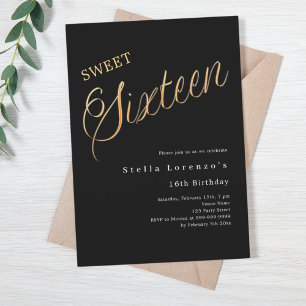Invitación Guión dorado negro elegante Sweet 16