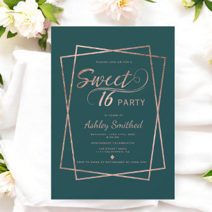 Invitación Guión dorado rosa moderno esmeralda verde dulce 16
