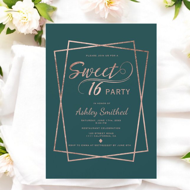 Invitación Guión dorado rosa moderno esmeralda verde dulce 16 (Modern rose gold script emerald green Sweet 16 Invitation)