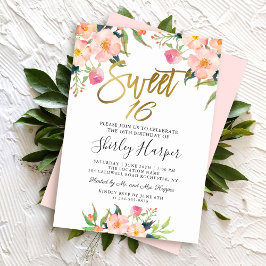 Invitación Guión dorado rosado Floral Dulce Dieciséis Cumplea