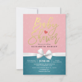 Invitación Guión dorado y Baby Shower azul rosado de cinta bl