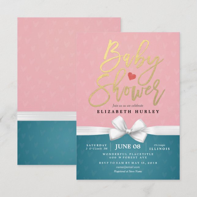 Invitación Guión dorado y Baby Shower azul rosado de cinta bl (Anverso / Reverso)