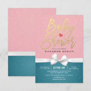 Invitación Guión dorado y Baby Shower azul rosado de cinta bl