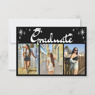 Invitación guión elegante 3 fotos fiesta de graduación negro