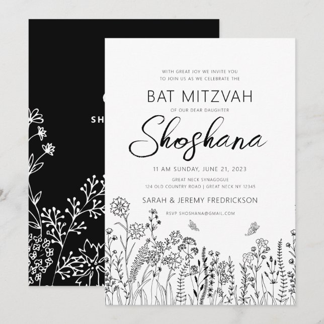 Invitación Guion elegante Bat Mitzvah Boceto floral (Anverso / Reverso)
