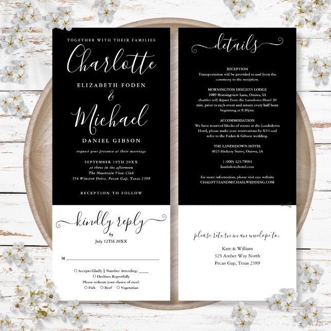 Invitación Guión Elegante Blanco Y Negro Todo En Un Boda (Black And White Elegant Script All In One Wedding Invitation)