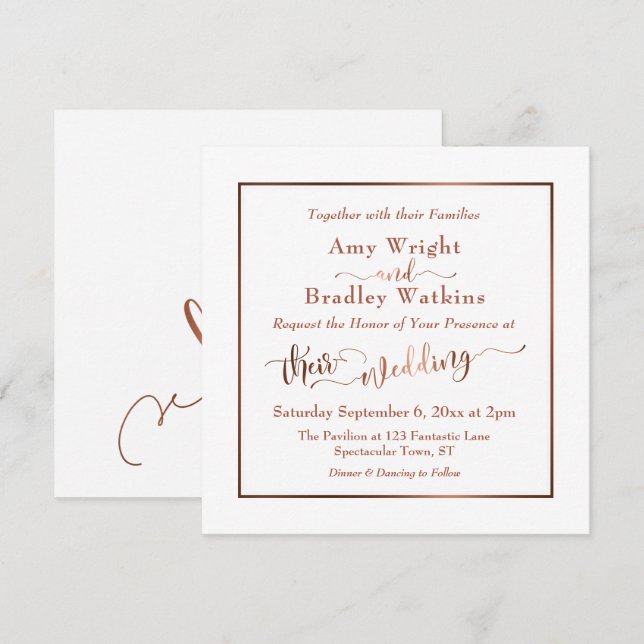 Invitación Guión elegante de cobre y blanco editable| Boda (Anverso / Reverso)