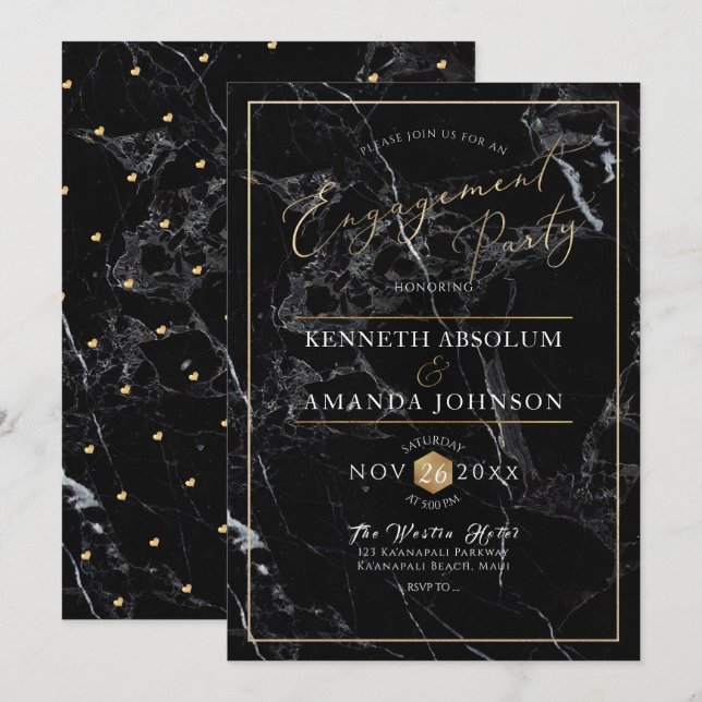 Invitación Guión elegante de PixDezines, mármol negro + oro f (Anverso / Reverso)