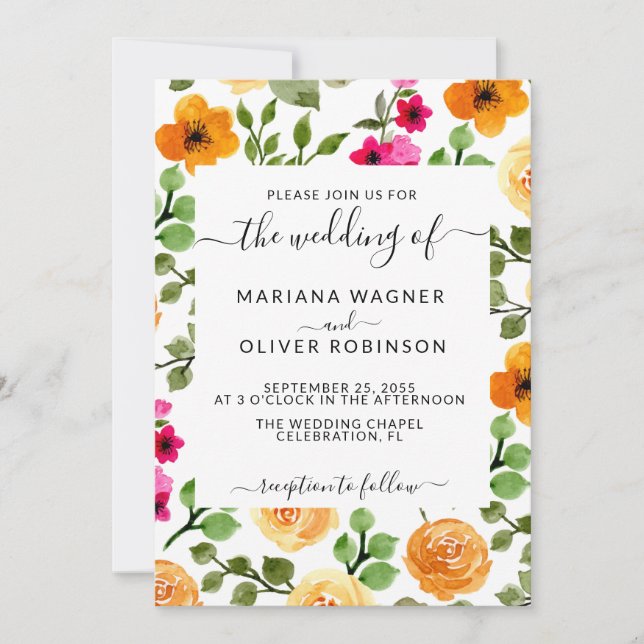 Invitación Guión elegante floral rosa y Naranja (Anverso)