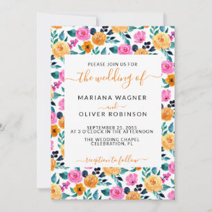 Invitación Guión elegante floral rosado simple Naranja verde 