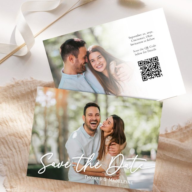 Invitación Guión elegante Guardar el Boda de fotos de fecha (Save the date photo card template with a scannable QR Code. )