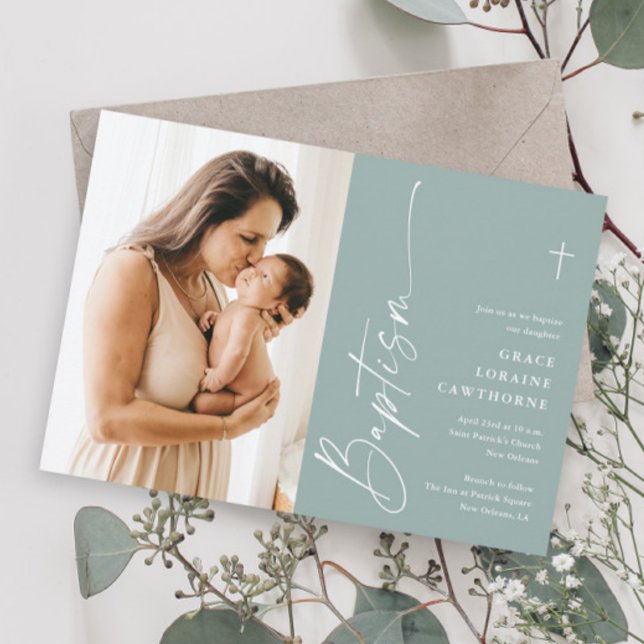 Invitación Guión elegante moderno Género Bautismo de foto neu (Modern script photo baptism invitations.)