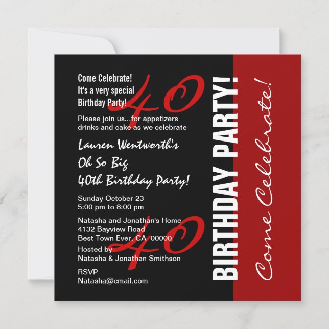 Invitación Guión elegante rojo negro de 40 años (Anverso)