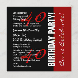 Invitación Guión elegante rojo negro de 40 años