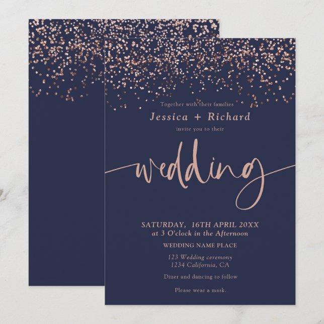 Invitación Guión elegante rosa moderno boda azul marino dorad (Anverso / Reverso)