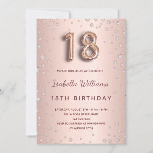 Invitación Guión en globo de rosa de oro de 18 años