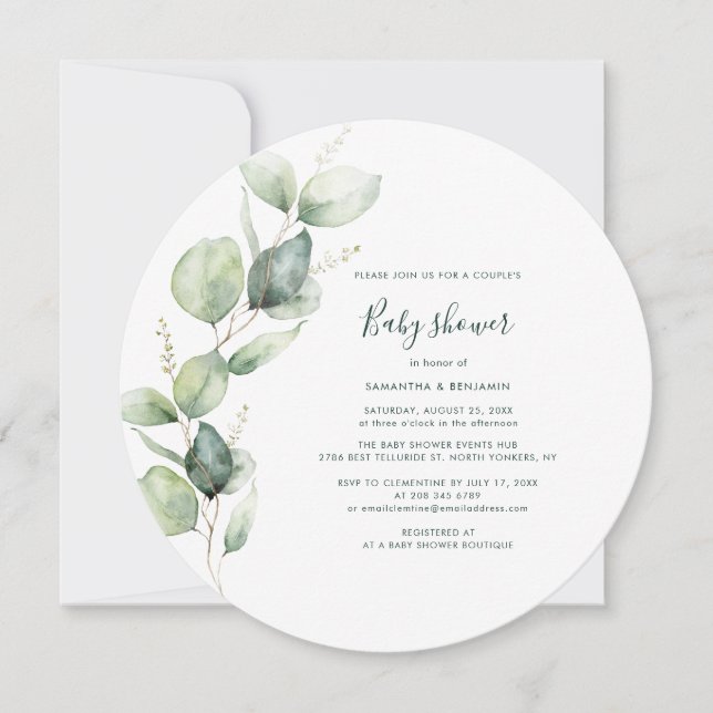 Invitación Guión Eucalyptus de color de agua Baby Shower (Anverso)