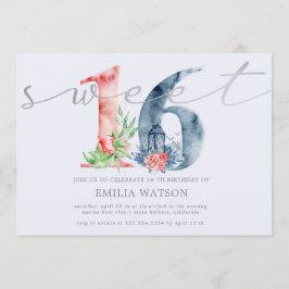 Invitación Guión floral acuarela plata dulce dieciséis