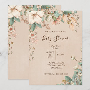 Invitación Guión floral bonito Elegante género Bebé neutral
