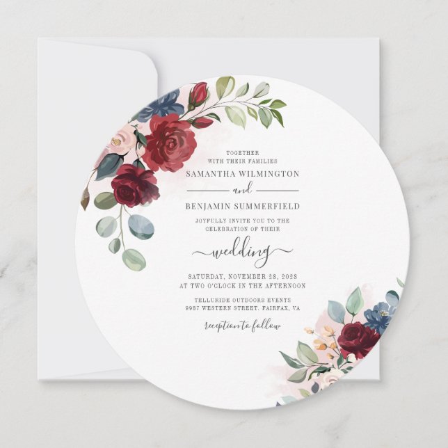 Invitación Guión floral Borgoña Boda botánico moderno (Anverso)