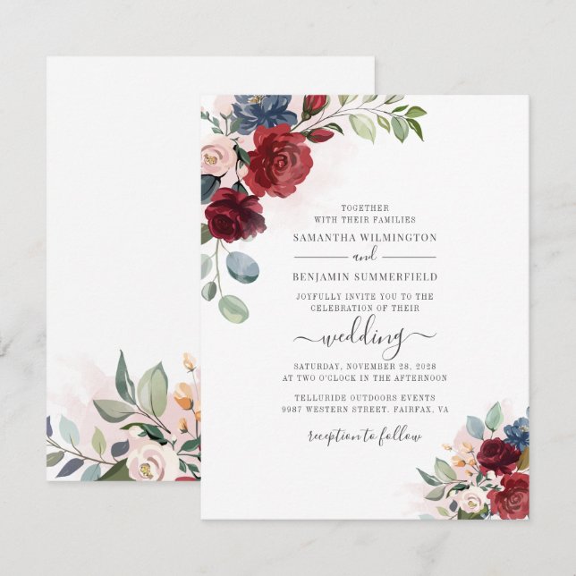 Invitación Guión floral Borgoña Boda botánico moderno (Anverso / Reverso)
