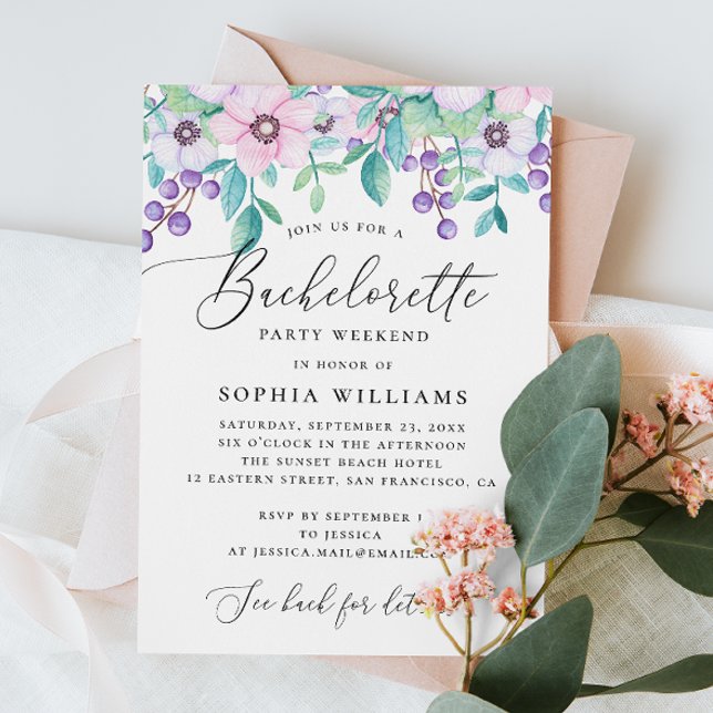 Invitación Guión floral púrpura rosa lindo Bachelorette party (Subido por el creador)