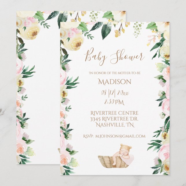 Invitación Guión floral rosa de la niña bebé elegancia Baby S (Anverso / Reverso)
