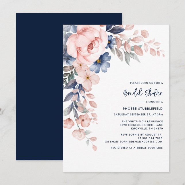 Invitación Guión floral rosa elegante ducha de novia (Anverso / Reverso)