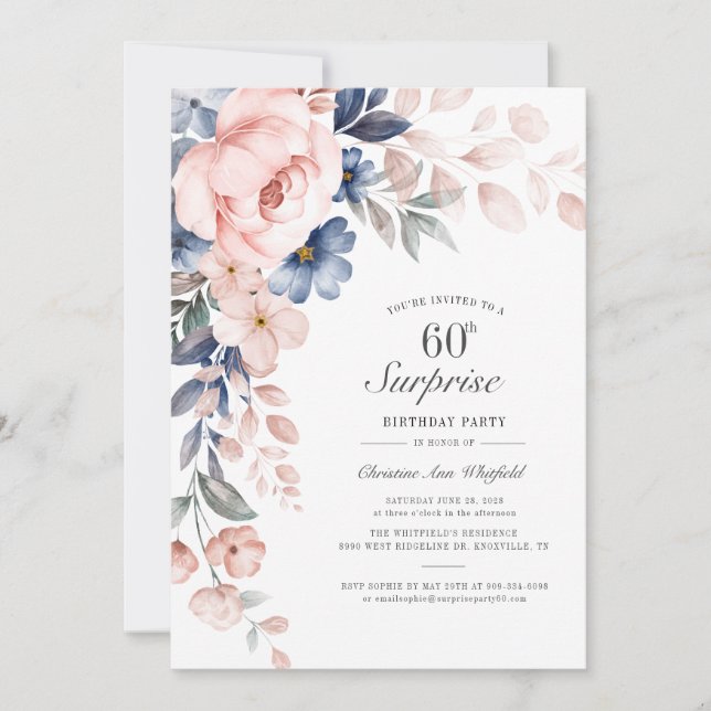 Invitación Guión floral rosado moderno sorprende a los 60 año (Anverso)