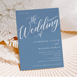 Invitación Guión floreciente moderno, Boda azul turbio