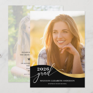 Invitación Guión Forma Moderna Foto Graduación Negro y Dorado