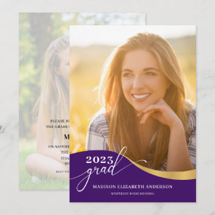 Invitación Guión Forma moderna Foto Graduación púrpura y dora